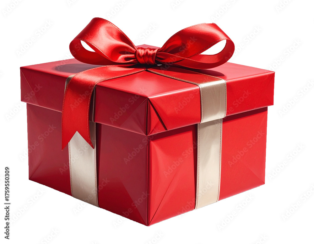 Obraz premium Hand Holding Red Gift Box with Gold Ribbon and Bow Isolated on White Background