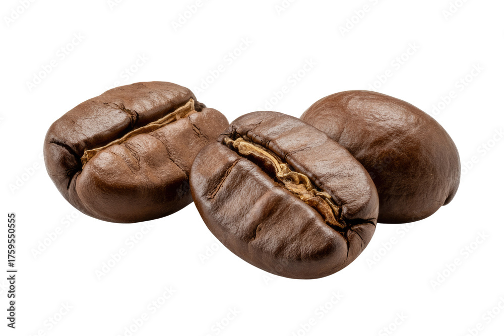 Fototapeta premium Close-up of three roasted coffee beans, rich brown color, isolated on transparent background. background removed
