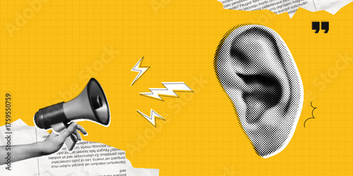 Trendy Halftone Collage Megaphone shout out ear. Hand holding loudspeaker with urgent attention. Social media sales. Propaganda and fake news. Yellow press. Contemporary vector illustration art