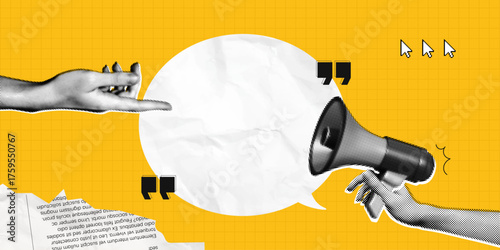 Trendy Halftone Collage Hand showing empty space speech bubble. Megaphone with message and quote symbols. Social media communication and adverting. Online news. Contemporary vector illustration art