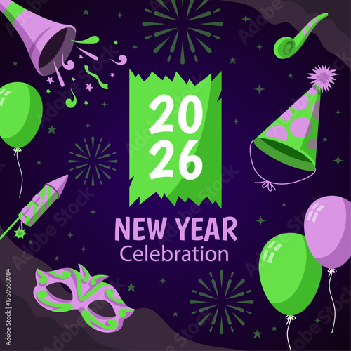 Happy New Year 2026 Celebration with Party Elements, Balloons, and Confetti