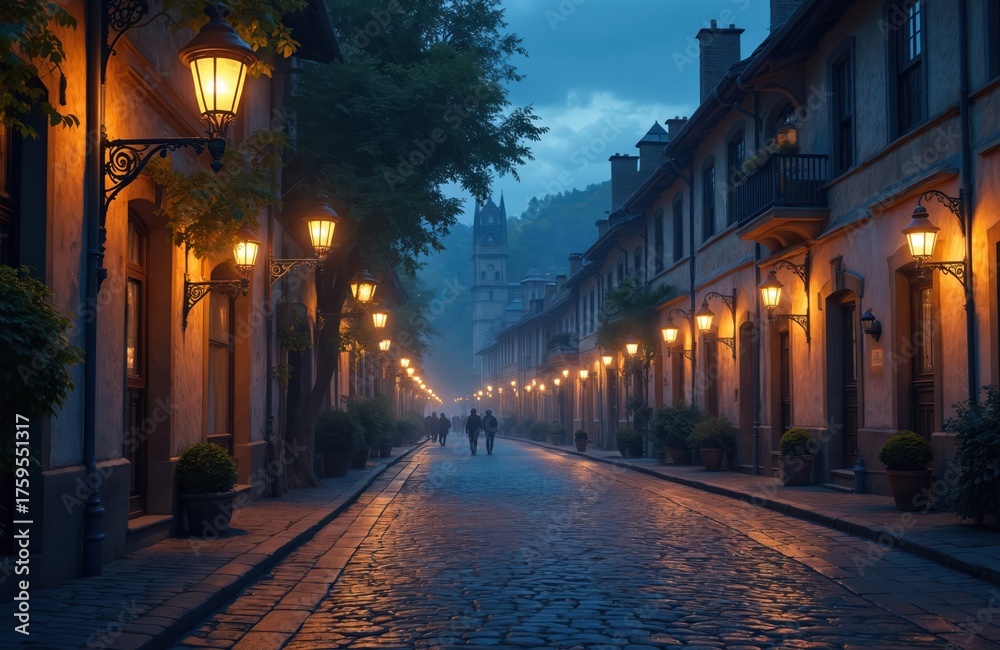 Obraz premium Old European town street glows at night. Warm lamps illuminate cobblestone road, historic buildings stand tall. Two people walk in mist towards distant tower. Quiet night scene in old city