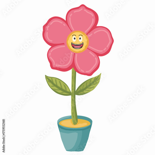 Hand drawn happy cartoon flower in a pot and cute face vector illustration. Beautiful element for kawaii character design