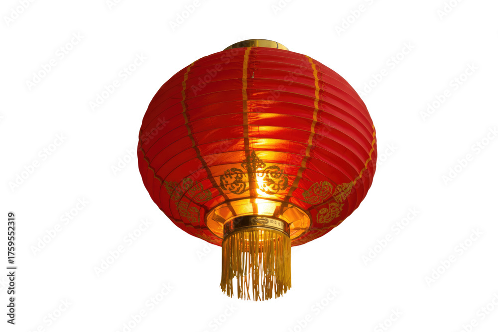Obraz premium Illuminated red Chinese lantern with gold detailing, hanging against a transparent background. background removed