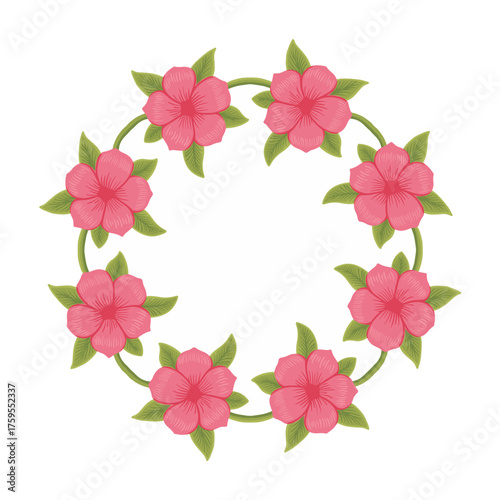 Pink floral wreath vector illustration. Hand drawn beautiful spring flower circle frame. Round floral arrangement botanical decor isolated on white background