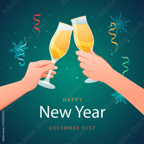 Cheers to a Happy New Year! Toasting with Champagne Flutes on December 31st Celebration