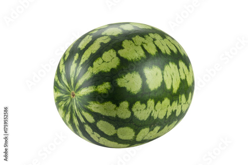 A whole, green watermelon with dark green stripes, isolated on a transparent background. background removed