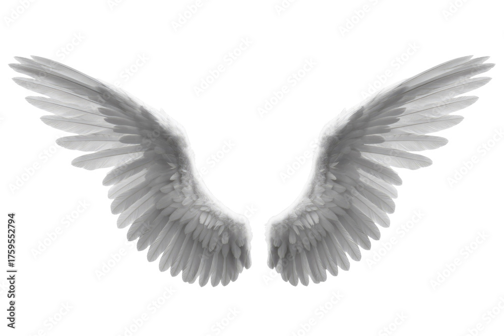 Fototapeta premium Pair of white angel wings, detailed feathers, isolated on transparent background. Symbol of freedom and faith. background removed