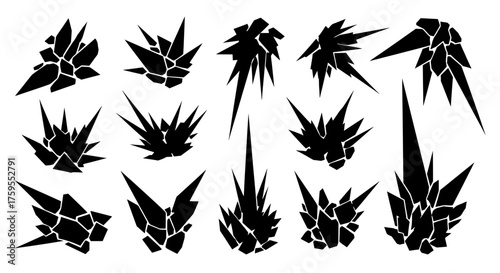 Collection of sharp, angular crystal silhouettes. Graphic vector icons of magic stones, spiky ice shards, and rock formations for game design elements.
