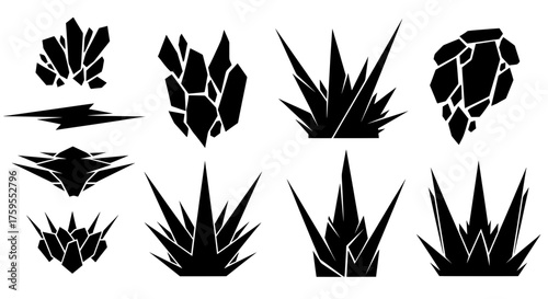 A collection of black vector silhouettes featuring sharp crystals, spiky rocks, and abstract fantasy shapes. Ideal for game UI, magic spell icons, or logos.