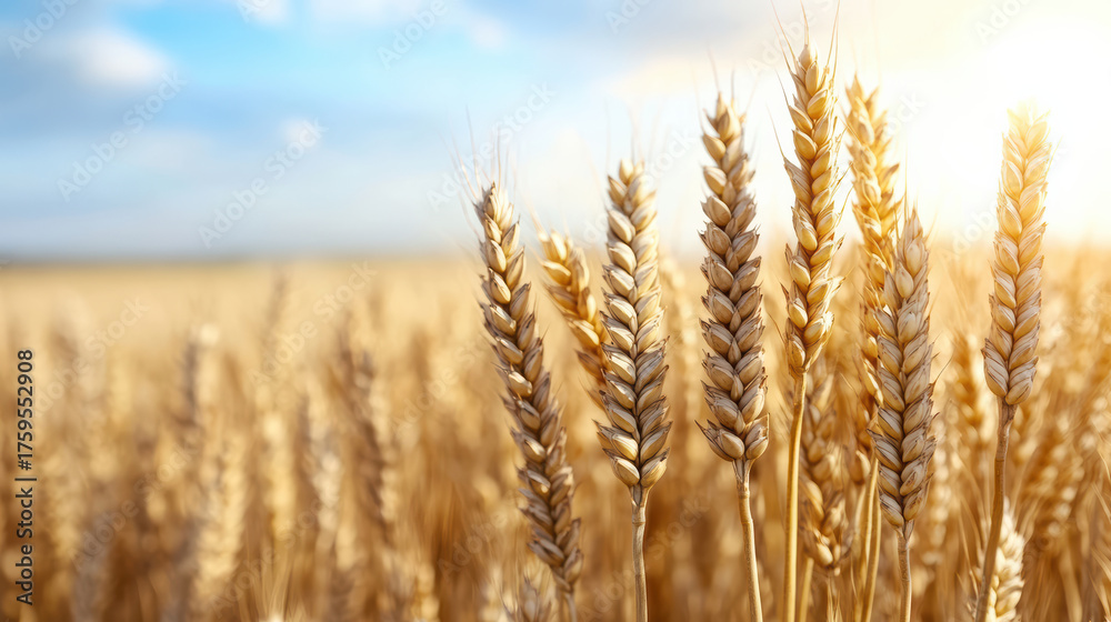 Fototapeta premium Golden wheat ears sway gently in sunlight, creating serene and organic atmosphere