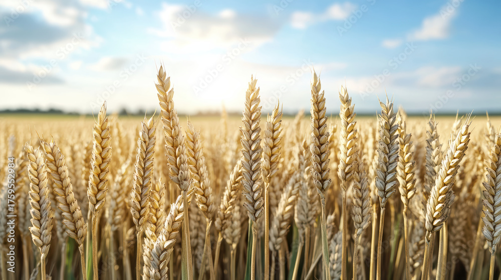 Fototapeta premium Golden wheat heads sway gently in sunlight, creating serene landscape