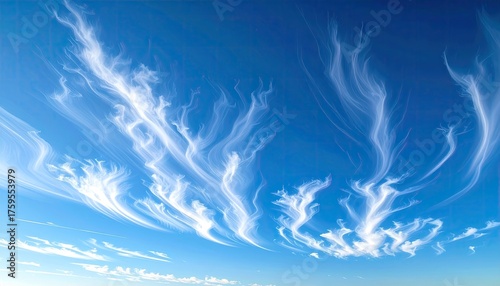 Wispy Cirrus Clouds Forming Abstract Patterns Across a Vivid Blue Sky on a Clear Day with Subtle Sunlight