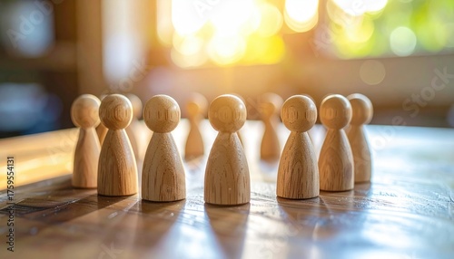 Wooden Peg Figures Arranged in a Circle on a Tabletop with Golden Sunlight and Bokeh Background