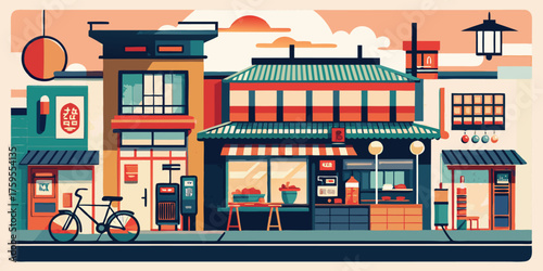 street life view illustration with old urban architecture, shops, and a cafe facade