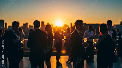 Blurred professionals connect at vibrant sunset networking event, fostering business growth