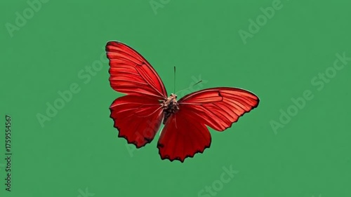 Vibrant Red Butterfly Fluttering Elegantly on Green Background