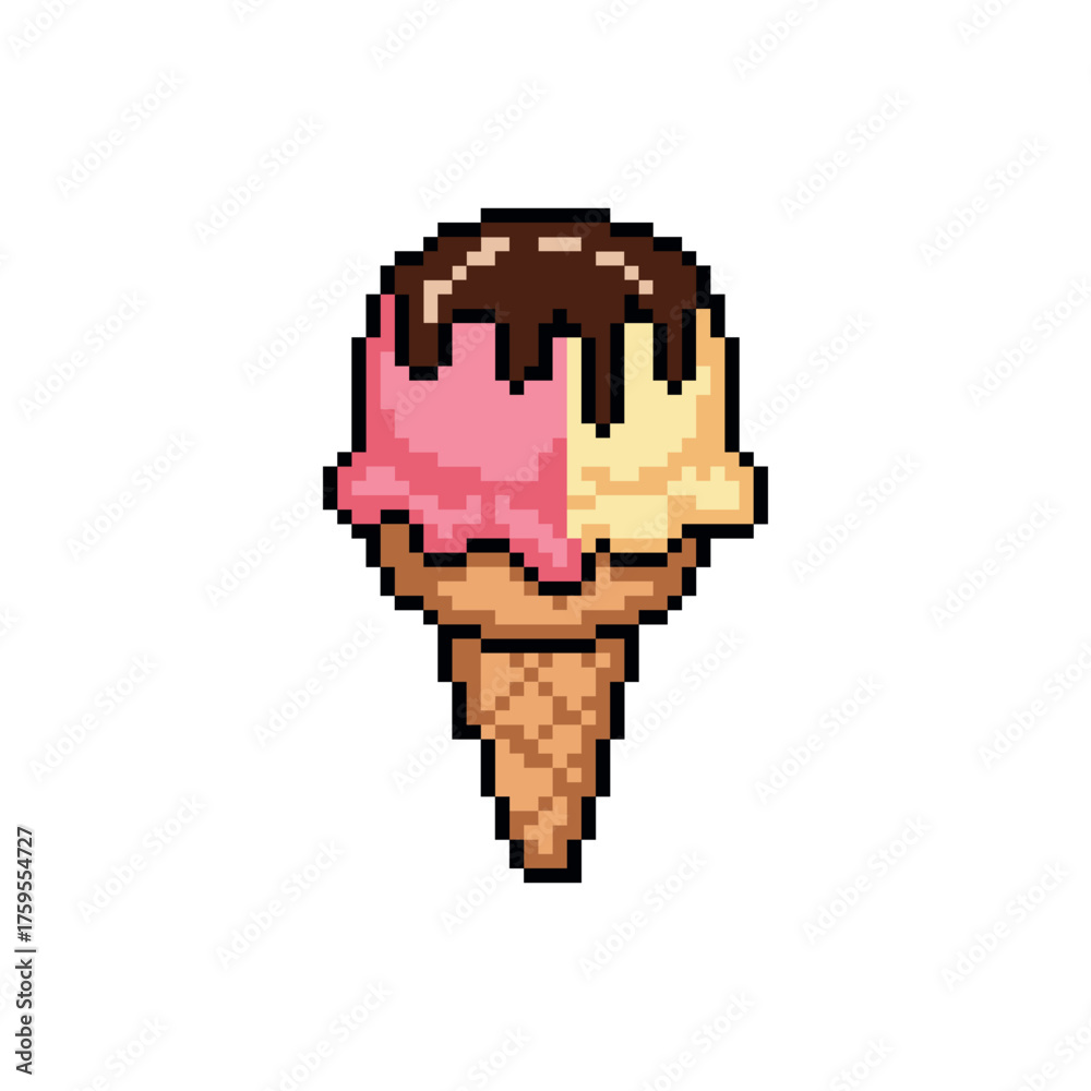 Fototapeta premium Pixel art illustration of ice cream cones in two flavors, strawberry and vanilla, topped with melted chocolate. Pixel style, for sweet and cheerful pixel food-themed games or designs.