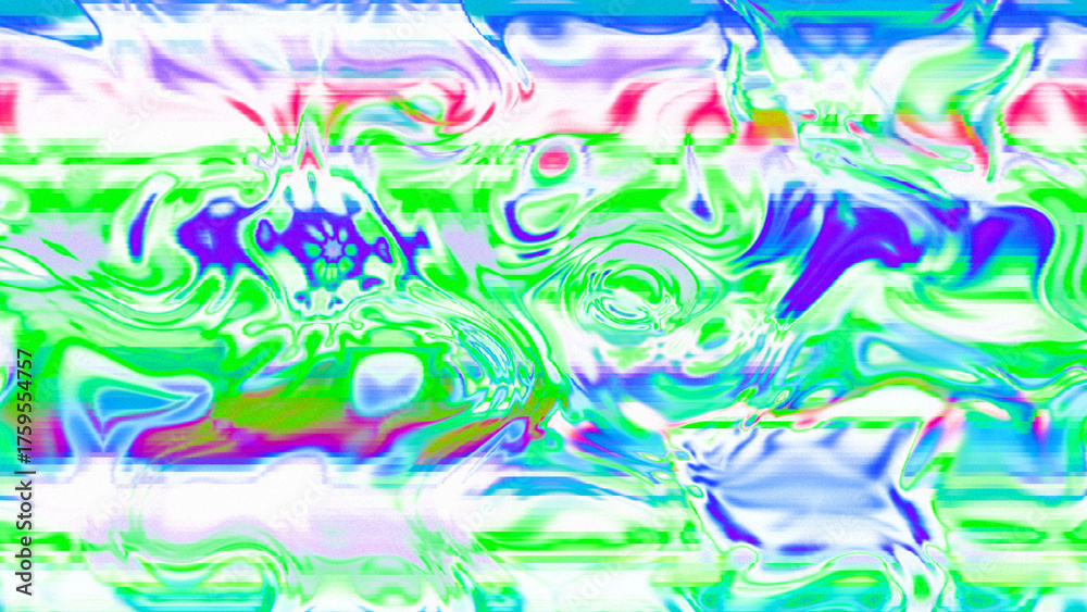 Fototapeta premium Abstract psychedelic glitch waves with neon colors, distorted digital fluid texture and VHS scanline effect