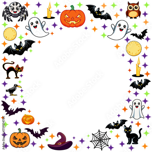 Halloween background frame illustration with bats, moon, pumpkins and cats
