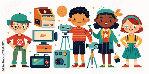 Children learning about retro cameras, cartoon vector illustration, perfect for education design