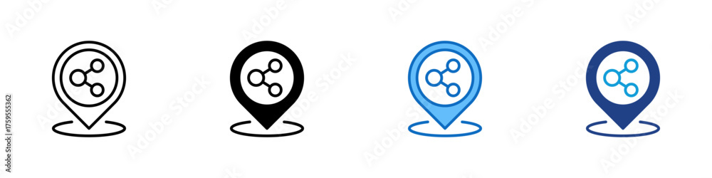 Naklejka premium Location Sharing Multiple Style Icon Design Vector - Map pin with connected nodes symbol representing sharing or linking locations with others
