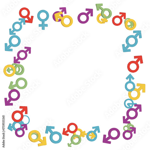 Vibrant and inclusive border crafted from an assortment of colorful gender identity symbols, promoting diversity, equality, and social understanding for all