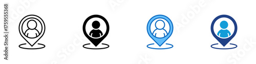 User Location Multiple Style Icon Design Vector - Map pin with a person figure indicating a user’s position or identity on the map