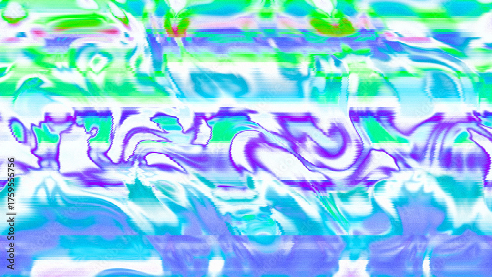 Fototapeta premium Abstract psychedelic glitch waves with neon colors, distorted digital fluid texture and VHS scanline effect