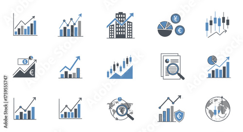 Dynamic financial growth charts and global economic trends visualized with modern icons for business success and investment planning