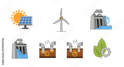 Explore diverse renewable and conventional energy sources with icons for solar, wind, hydro, geothermal, and a green energy symbol, perfect for illustrating sustainable power generation concepts.