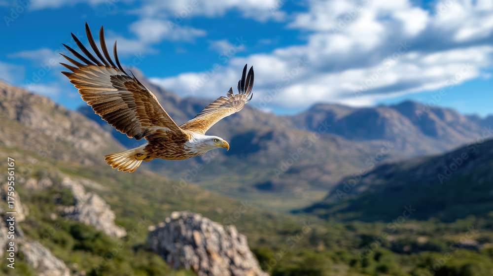 Fototapeta premium Majestic eagle soaring over mountain ridge, showcasing strength and freedom in nature beauty