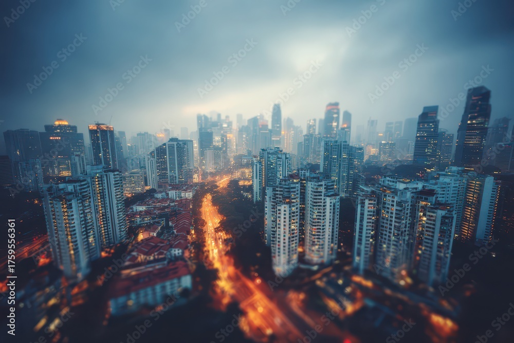 Fototapeta premium Dynamic cityscape at dusk with a tilt-shift perspective, showcasing glowing roads and towering skyscrapers.