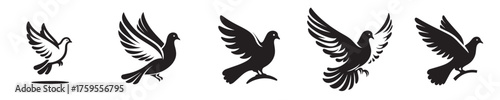 Flying Dove Silhouette Vector Set – Peace Bird Illustration Symbol of Freedom and Hope in Black and White