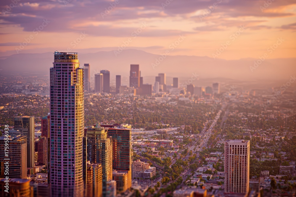 Fototapeta premium Golden hour over Los Angeles: towering skyscrapers, hazy mountains.