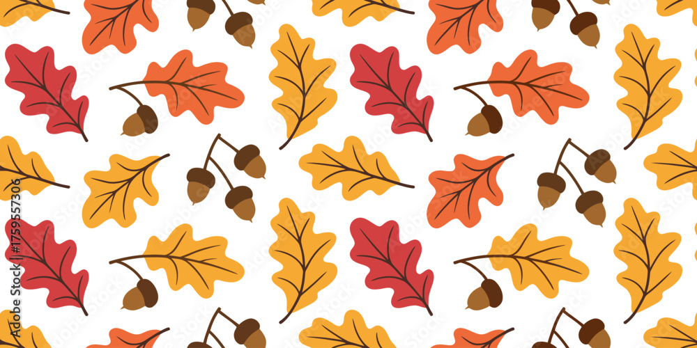 Fototapeta premium Seamless pattern of colorful oak leaves and acorns in autumn colors on a white background