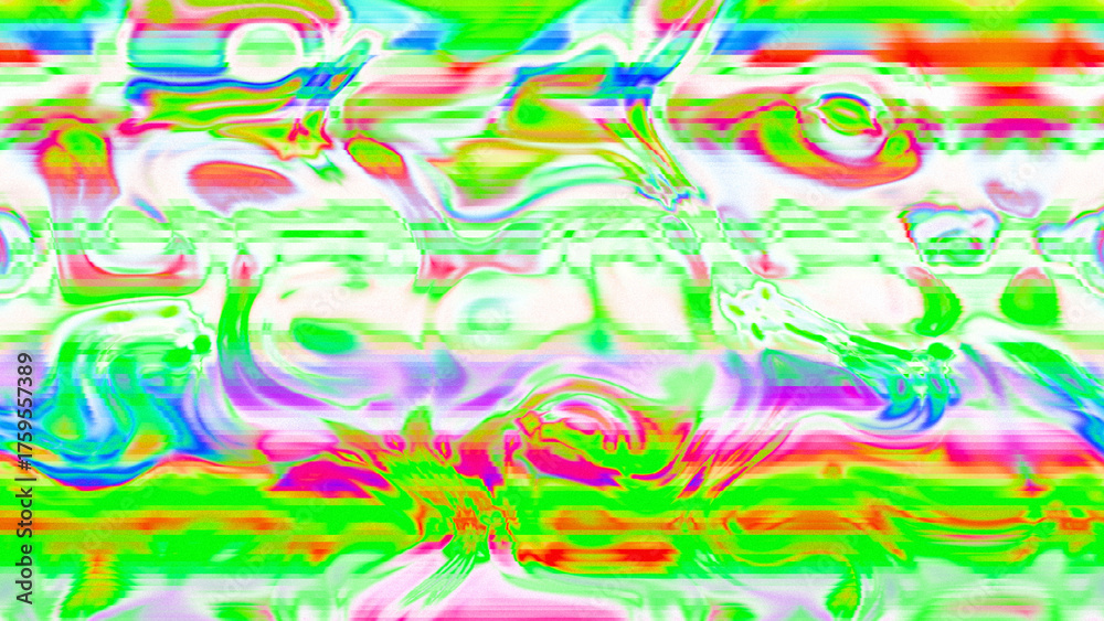 Fototapeta premium Abstract psychedelic glitch waves with neon colors, distorted digital fluid texture and VHS scanline effect