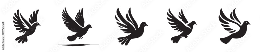 Obraz premium Flying Dove Icons Set. Black Silhouette of Pigeon, Bird of Peace, Freedom, and Hope in Different Poses Vector Illustration.