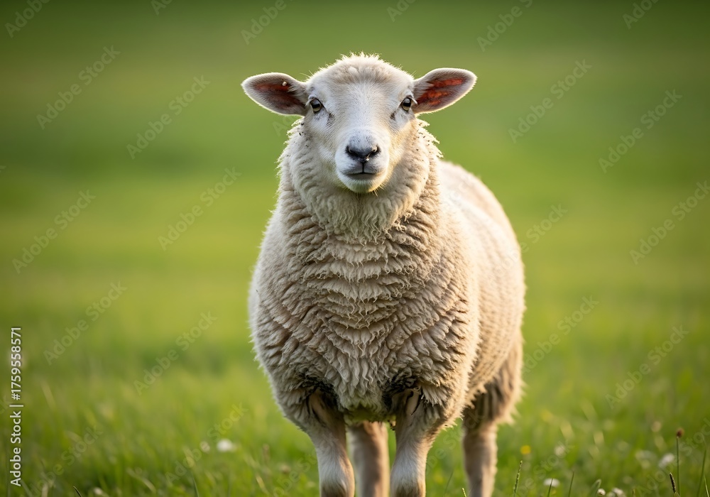 Naklejka premium A fluffy white sheep stands in a vibrant green pasture, looking directly at the viewer with a gentle expression.