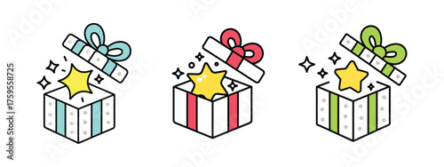 Three open gift boxes with stars bursting out and colorful ribbons for celebrations and surprises