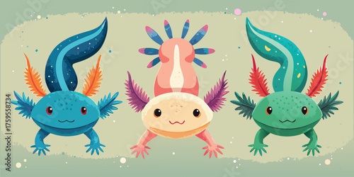 Vector art of cartoon axolotls illustration, colorful aquatic salamanders on light background