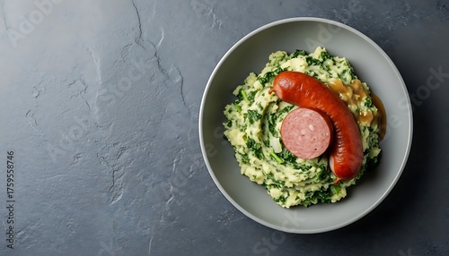 Stamppot boerenkool with rookworst, overhead