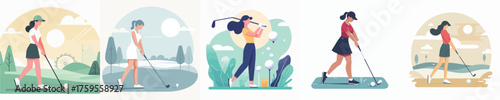 Women Playing Golf Collection Female Golfer Swinging Club, Outdoor Sport and Leisure Flat Illustration