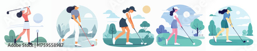 Female Golfer Illustration Set – Woman Playing Golf Vector Design for Sports and Outdoor Activity Concept