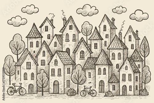 Illustration houses vector cityscape crooked clouds rooftops floating quirky above filled doodle
