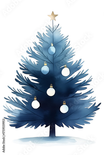 Minimal watercolor Christmas tree with blue tones and white ornaments