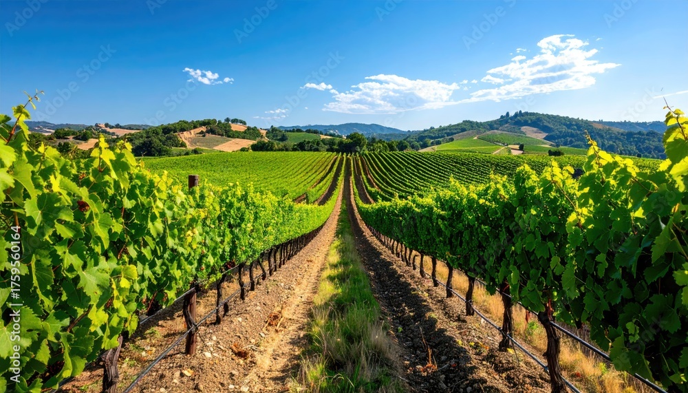 Obraz premium Expansive Lush Green Vineyard Rows Under Bright Blue Sunny Sky With Rolling Hills In The Background On A Clear Day
