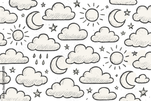 Stars illustration doodles flow suns vector moons whimsical raindrops sky clouds playful