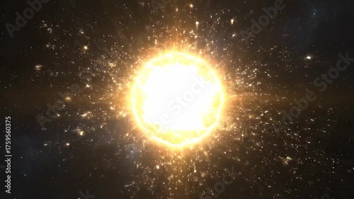 A cosmic scene features an illuminated, glowing text within a radiant blue ellipse against a starry backdrop