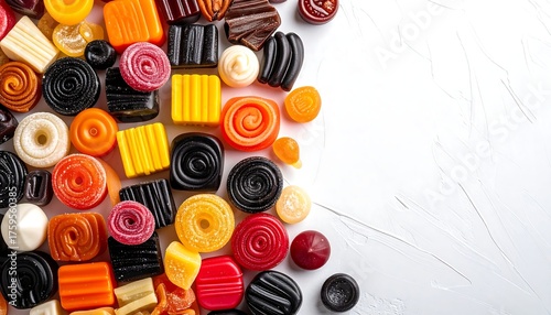 Dutch licorice assortment on white background, overhead